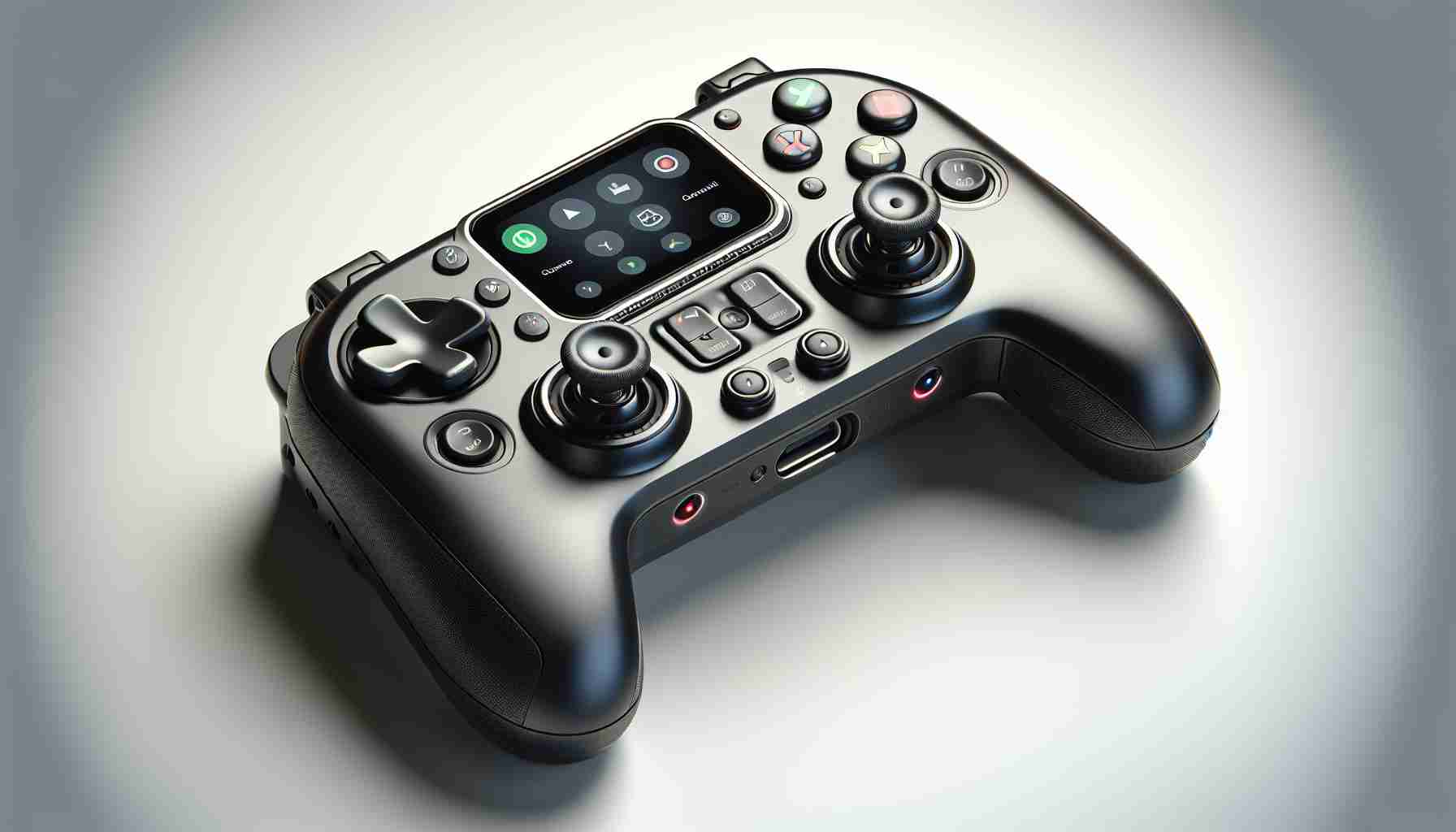 Generate a highly detailed, realistic image of a revolutionary smartphone gaming controller that is universally compatible. The controller should be thoroughly designed, featuring the latest cutting-edge technology, including buttons, joysticks, and a docking area for the smartphone. Its material should reflect high durability and sophistication, while the overall design should merge comfort and high performance. The controller could also have light indicators for power, connectivity, and charging status. Ideally, the background should be white to emphasize the product, making it look like a professional product photo shoot.