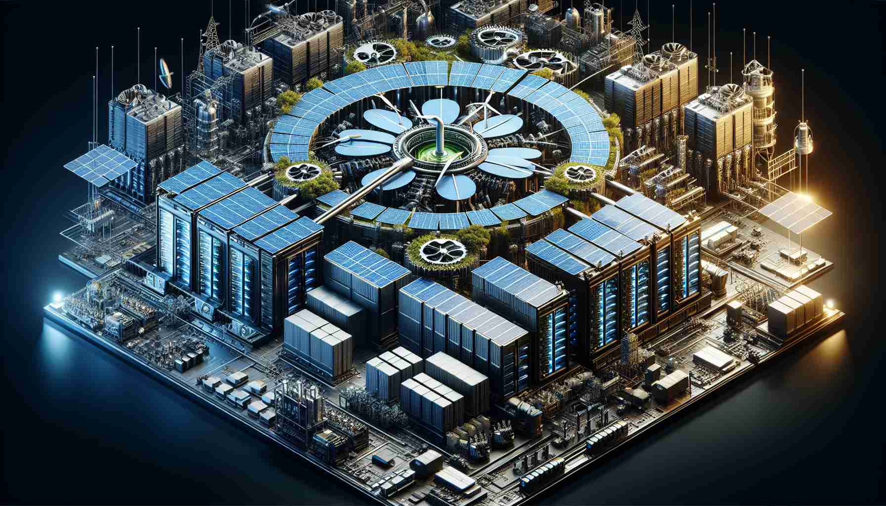 A high-definition, realistic representation of a progressive, cutting-edge energy solution implemented for sustainable data centers, indicative of a leading technology company. The visualization should portray intricate mechanics, advanced renewable energy technologies, and state-of-the-art infrastructure contributing to energy efficiency and sustainability.