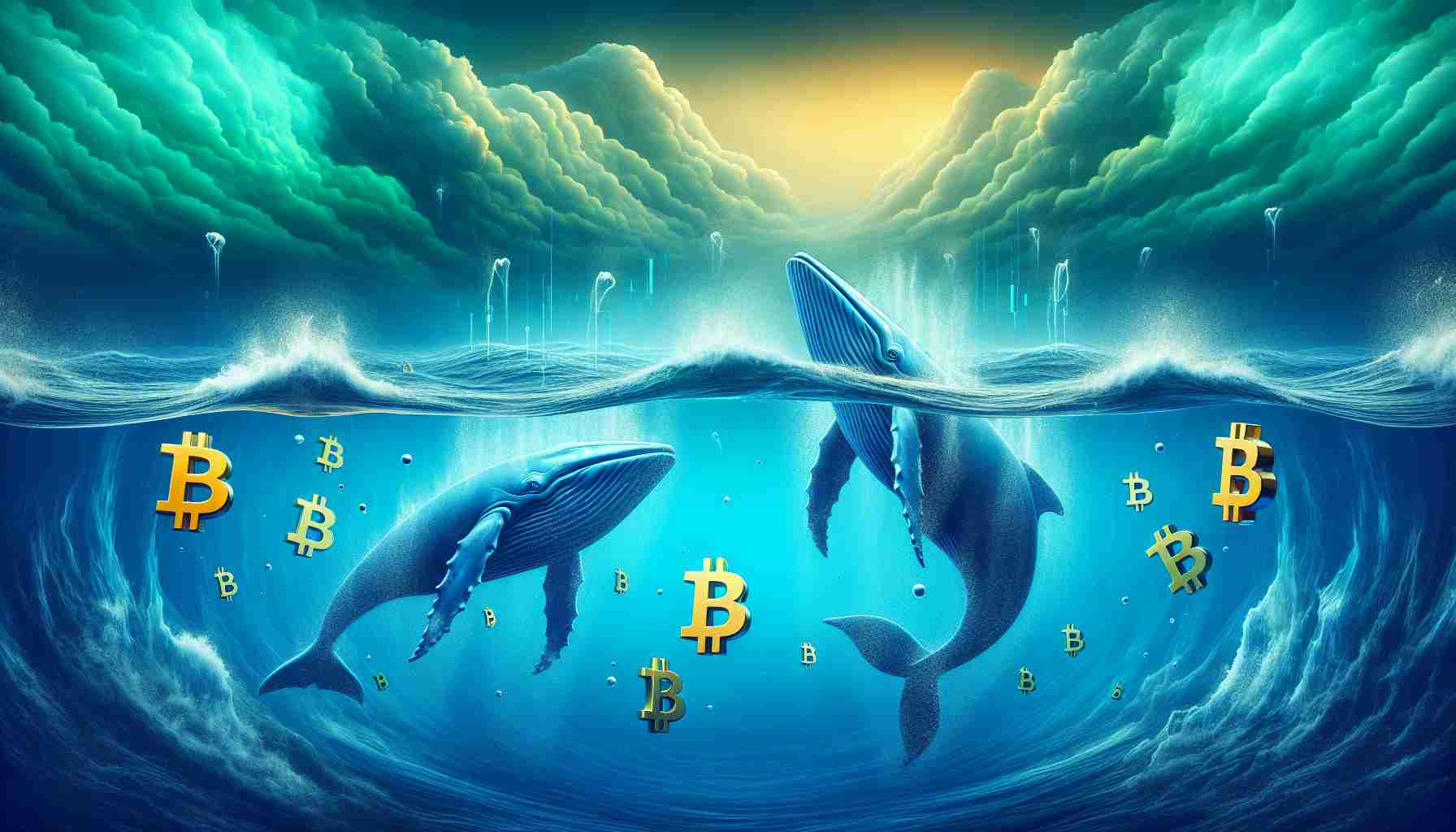 A high definition, realistic image showing the abstract concept of 'Bitcoin Whales' initiating a significant change in the market. To visualize this, imagine a serene, deep ocean scene with giant whales, which are adorned with Bitcoin symbols. The water around them begins to swirl and bubble, foreshadowing an imminent change. Above the water, a stormy sky illustrates the dynamic market conditions, with clouds shaped like arrows pointing in various directions to symbolize market trends.