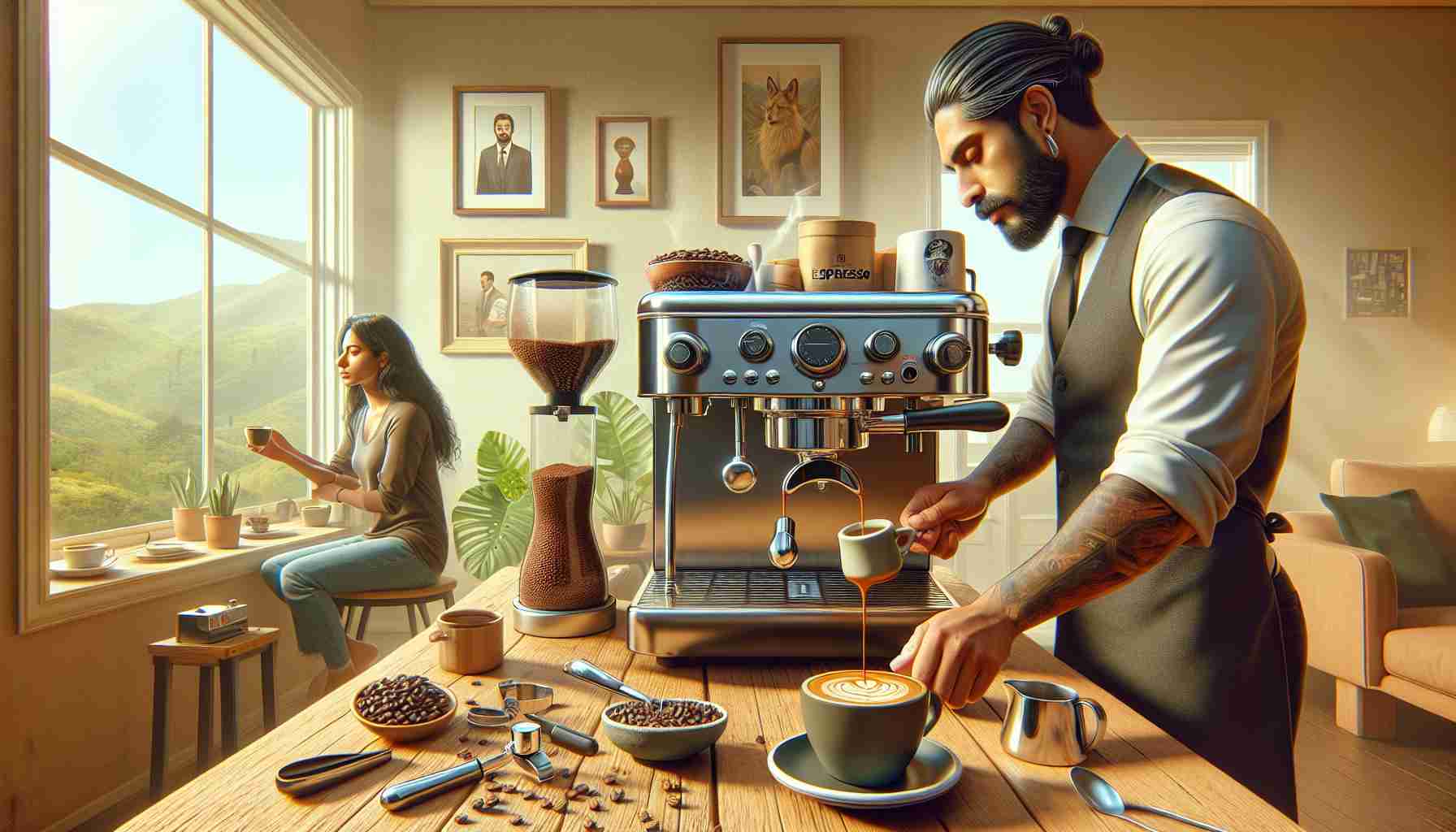 Create a highly detailed and realistic image of a domestic espresso brewing scene. The image should portray a comfortable home setting with a modern espresso machine, fresh coffee beans, a ceramic cup of espresso, and barista tools like a tamper and a milk frother visible. A South Asian man is showcasing the steps of brewing the espresso, while a Middle-Eastern woman observes, both consumed in the process. The background is filled with everyday domestic elements: framed photos, indoor plants, and a morning sunlight streaming through the window. Please do not include people's faces in the image.