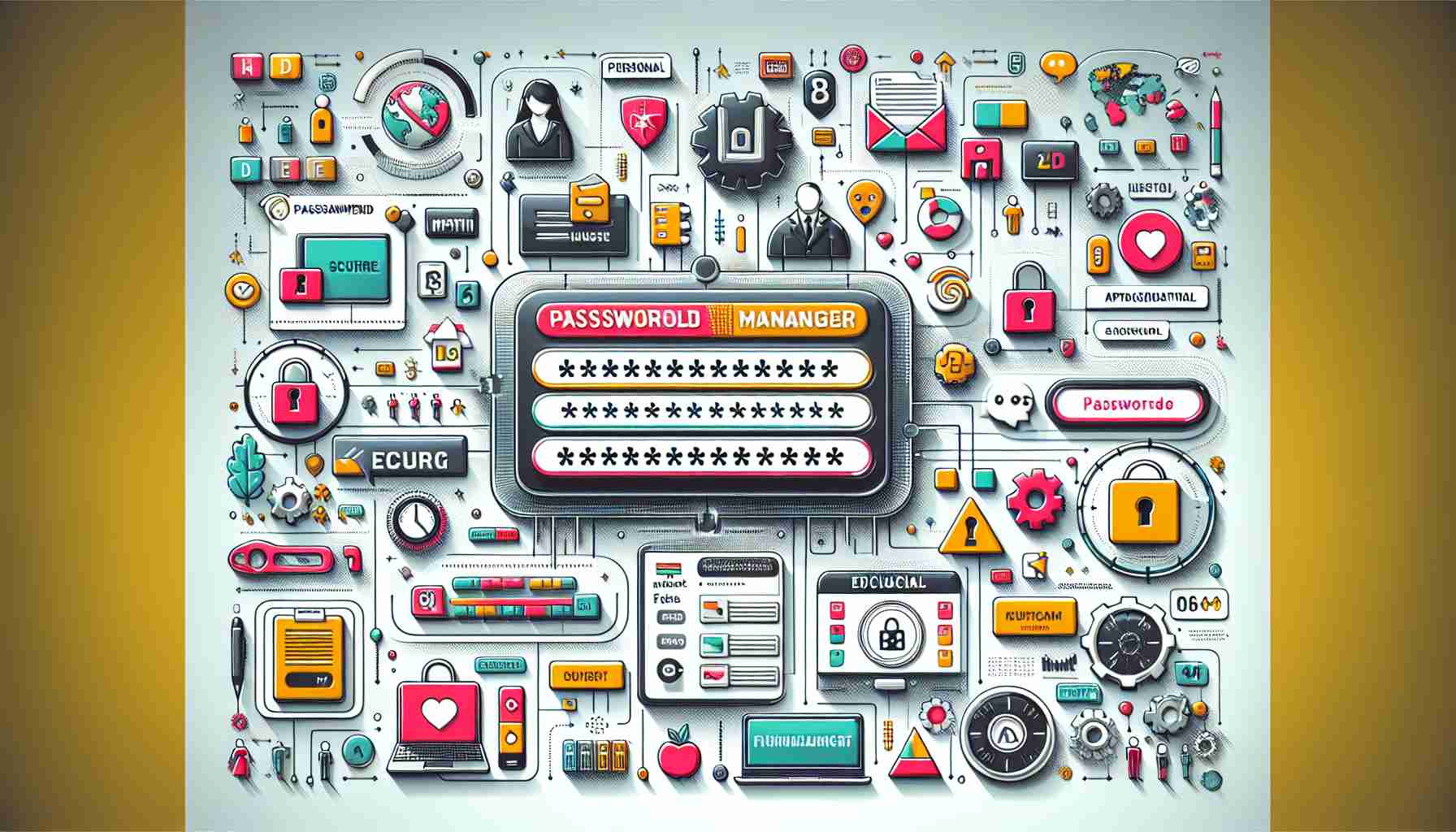 Construct a high-definition, realistic portrayal of a user-friendly password manager application that promotes increased online security. Ensure that the design of the application communicates its suitability for all age groups, including children. The display must include elements such as large, readable text, colorful, engaging icons signifying different categories like personal, financial, educational, etc., and a visible indicator showing strong password generation. Exemplify a positive and happy user atmosphere, showing that the usage of such secure platforms could be an enjoyable and educational experience.