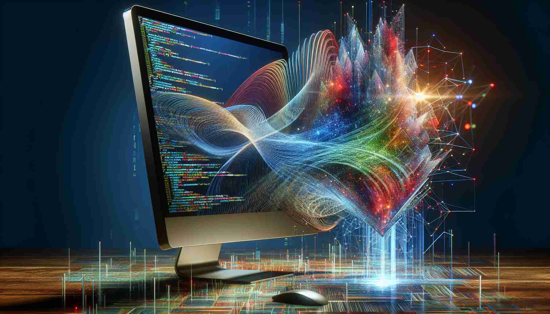 A high-definition, realistic image capturing the concept of advanced coding techniques revolutionizing web design. The image should include a modern-looking, sleek computer with lines of colorful, intricately structured code displayed on the screen. Behind the computer, a vibrant and dynamic web design could be emerging as a physical 3D structure, symbolizing the transformative power of advanced coding.