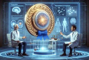 A high-definition, realistic image showcasing an innovative memory retrieval technique that has been recognized with a Nobel Prize. The scene should include a congratulatory backdrop indicating the accolade, with details such as a large, shiny medal with the emblem of the Nobel Prize. There should also be the representation of the technique itself, possibly in the form of a medical apparatus or scientific chart detailing the procedure. There should be scientists - a Caucasian male and a Middle-Eastern female - cheerfully discussing the achievement. The background should have an ambiance of celebration and achievement.