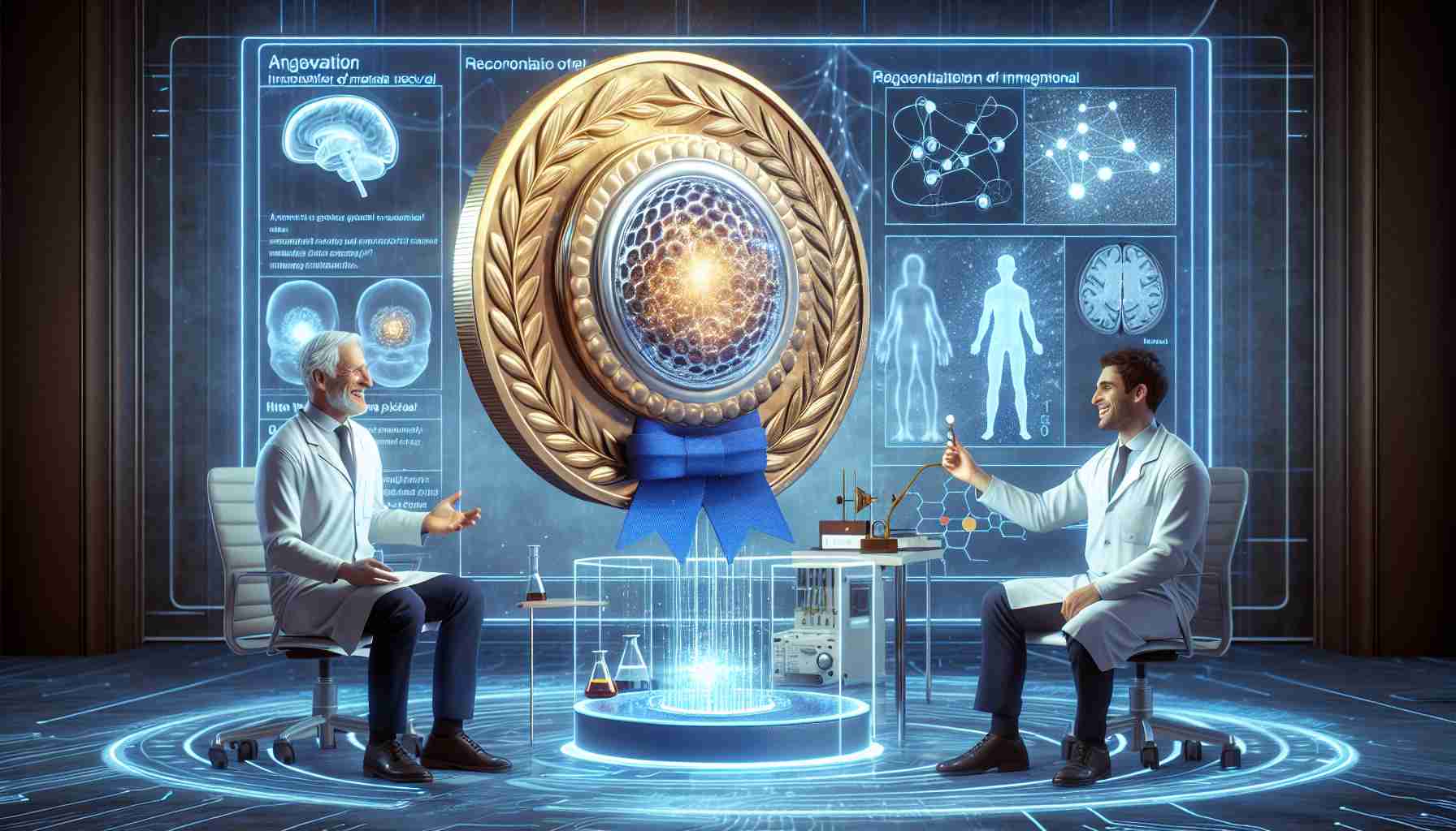 A high-definition, realistic image showcasing an innovative memory retrieval technique that has been recognized with a Nobel Prize. The scene should include a congratulatory backdrop indicating the accolade, with details such as a large, shiny medal with the emblem of the Nobel Prize. There should also be the representation of the technique itself, possibly in the form of a medical apparatus or scientific chart detailing the procedure. There should be scientists - a Caucasian male and a Middle-Eastern female - cheerfully discussing the achievement. The background should have an ambiance of celebration and achievement.