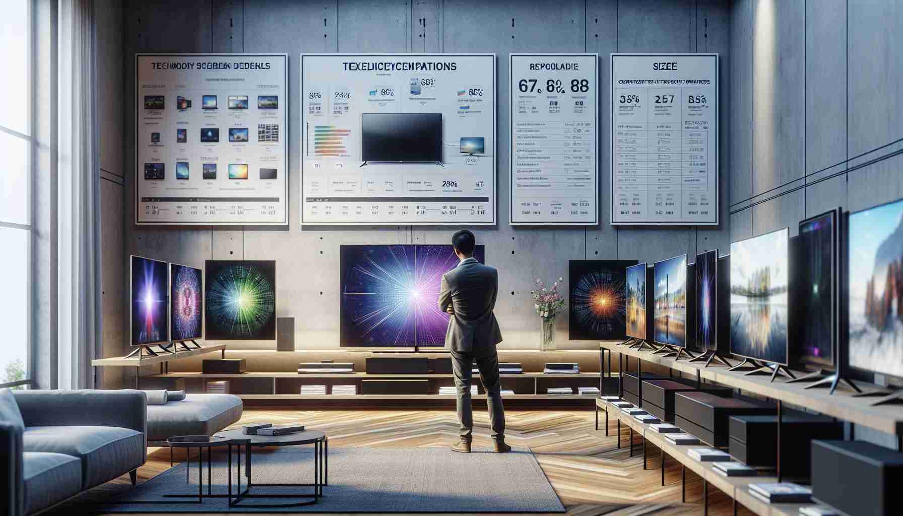 A highly detailed and photorealistic image that depicts the process of choosing the perfect television for a home entertainment system. The picture features a spacious living room with contemporary decor. In the center of the frame, a middle-aged person of Asian descent, regardless of gender, is seen comparing different television models placed on display. On the walls, we see charts comparing the specs and features of various television models. The person is thoughtful, considering factors such as screen size, resolution, and technology. Emphasize the technology details on TV screens.