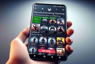 Generate a realistic HD representation of the concept of revolutionizing gaming: visualizing the process of purchasing Xbox games via an Android app. The image should depict a modern smartphone with the Android interface displayed. On the screen, a digital store app is open showcasing various Xbox game thumbnails for purchase. The phone is held in a hand, and the interactive elements in the app, such as the 'Buy Now' button, should be clear and prominent.