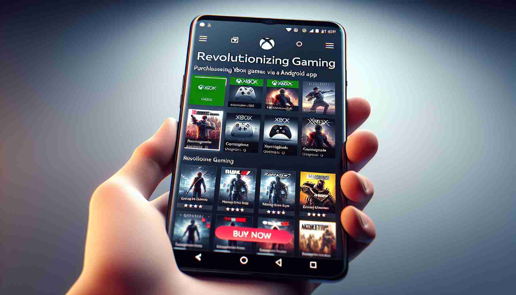 Generate a realistic HD representation of the concept of revolutionizing gaming: visualizing the process of purchasing Xbox games via an Android app. The image should depict a modern smartphone with the Android interface displayed. On the screen, a digital store app is open showcasing various Xbox game thumbnails for purchase. The phone is held in a hand, and the interactive elements in the app, such as the 'Buy Now' button, should be clear and prominent.