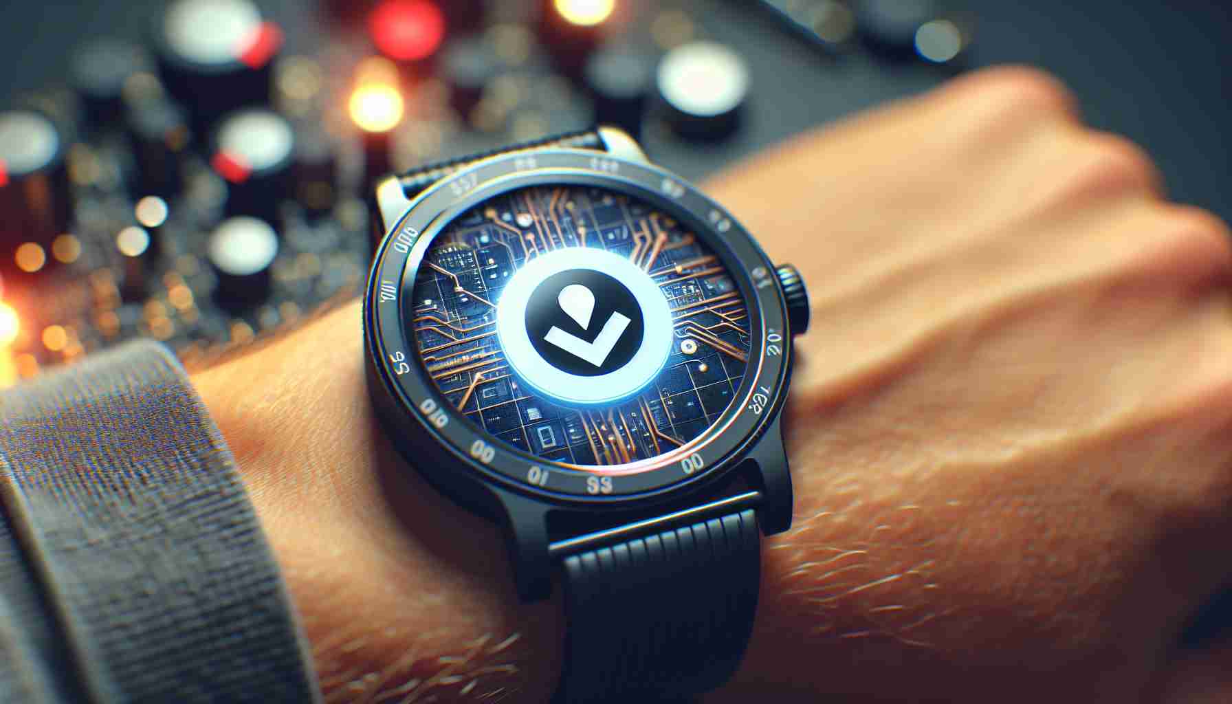 Generate a highly detailed and realistic image of a smartwatch. Focus on the screen and emphasize a unique symbol or icon that is outside the norm, identifiable as something different and uncommon. Surroundings should be blurred slightly with the primary focus on the smartwatch and its display.