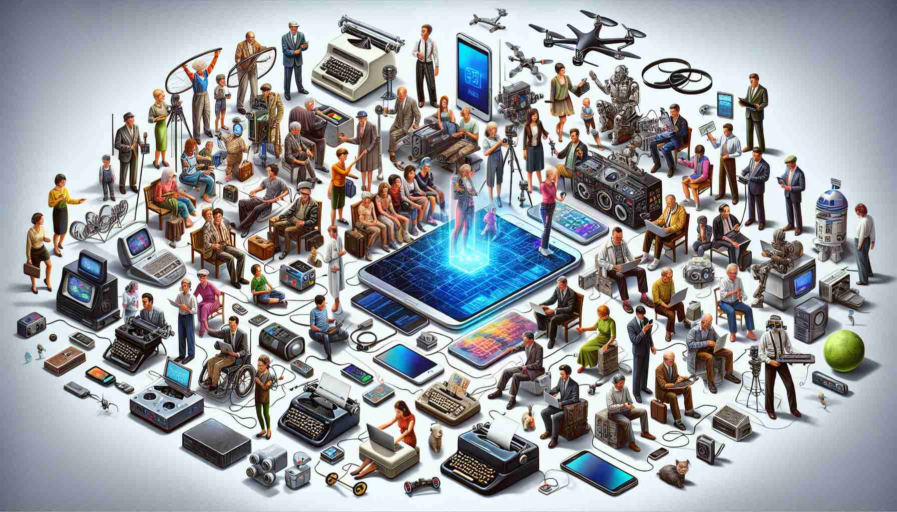 Realistic high definition illustration capturing the essence of the ever-evolving world of technology. Depict a diverse set of people grouped around various technological devices such as laptops, smartphones, drones, and VR headsets. Illustrate a wide array of ages, genders, and descents to capture the inclusivity of technology. To show progress, include vintage tech gadgets like dial-up telephones and typewriters, juxtaposed with futuristic tech concepts such as holographic displays and autonomous robots.