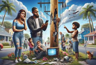 Create a high-definition, realistic image depicting a scene of telecommunications disruption affecting residents in Florida. Display a diversity of people, including a Hispanic woman looking worried while staring at her smartphone, a Black man curiously inspecting a broken telephone pole, and a Caucasian child pointing at a troubled TV screen. Add subtropical Florida landscapes and residential background, with palm trees, houses, and bright, clear sky.