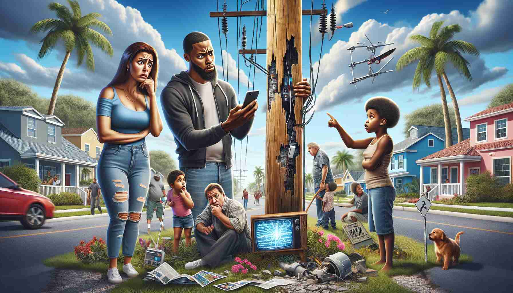 Create a high-definition, realistic image depicting a scene of telecommunications disruption affecting residents in Florida. Display a diversity of people, including a Hispanic woman looking worried while staring at her smartphone, a Black man curiously inspecting a broken telephone pole, and a Caucasian child pointing at a troubled TV screen. Add subtropical Florida landscapes and residential background, with palm trees, houses, and bright, clear sky.