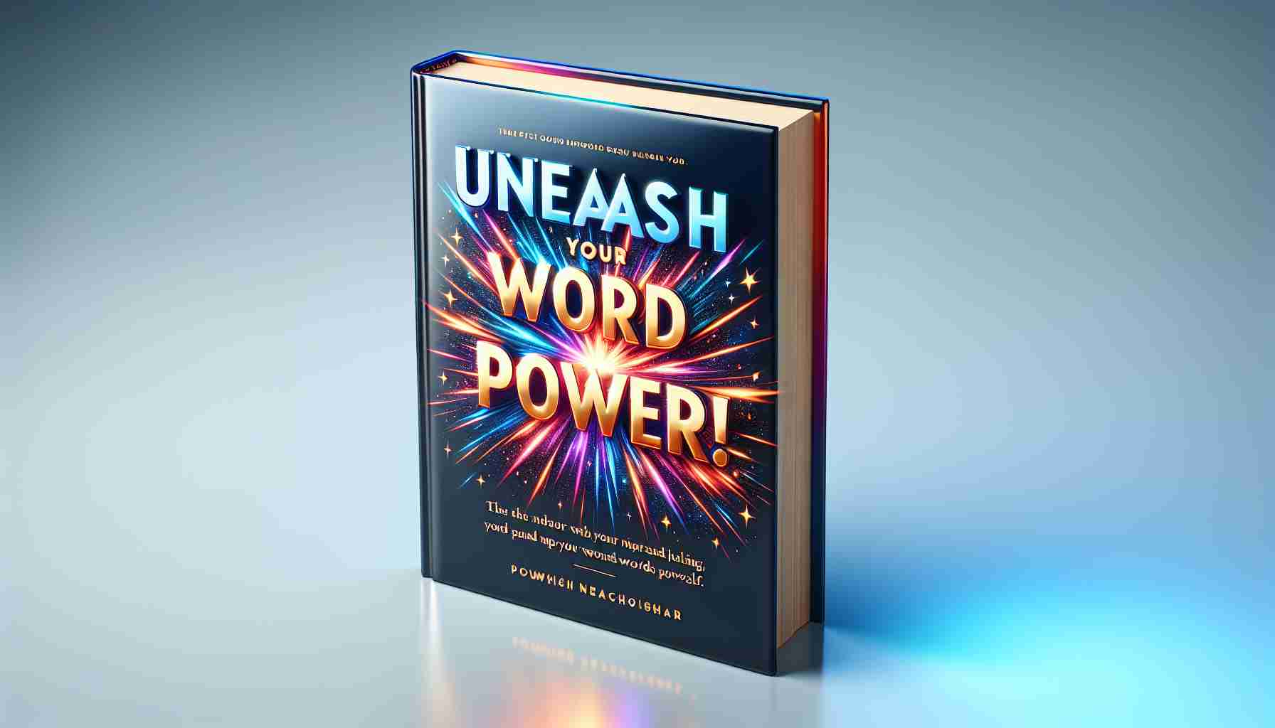 High-definition, realistic image of a book cover titled 'Unleash Your Word Power!'. Visualize a book standing upright, with the title shining brilliantly on the glossy surface. You can see the author's name elegantly printed at the bottom. Use bright, vibrant colors to make the book look captivating and inspirational. The background is simple and does not distract from the book itself.