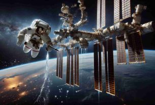 A realistic, high-definition image of the challenge of repairing the International Space Station leaks. The image should depict an astronaut in a space suit, potentially from a Eastern Asian descent, floating outside the station with an array of tools designed for in-space repairs. The details of the leaking spot on the station should be visible, with scattered droplets of water frozen in the vacuum of space. In the background, Earth's glowing atmosphere and the infinite expanse of the cosmos are beautifully captured, providing a stunning backdrop to the tense yet awe-inspiring task at hand.