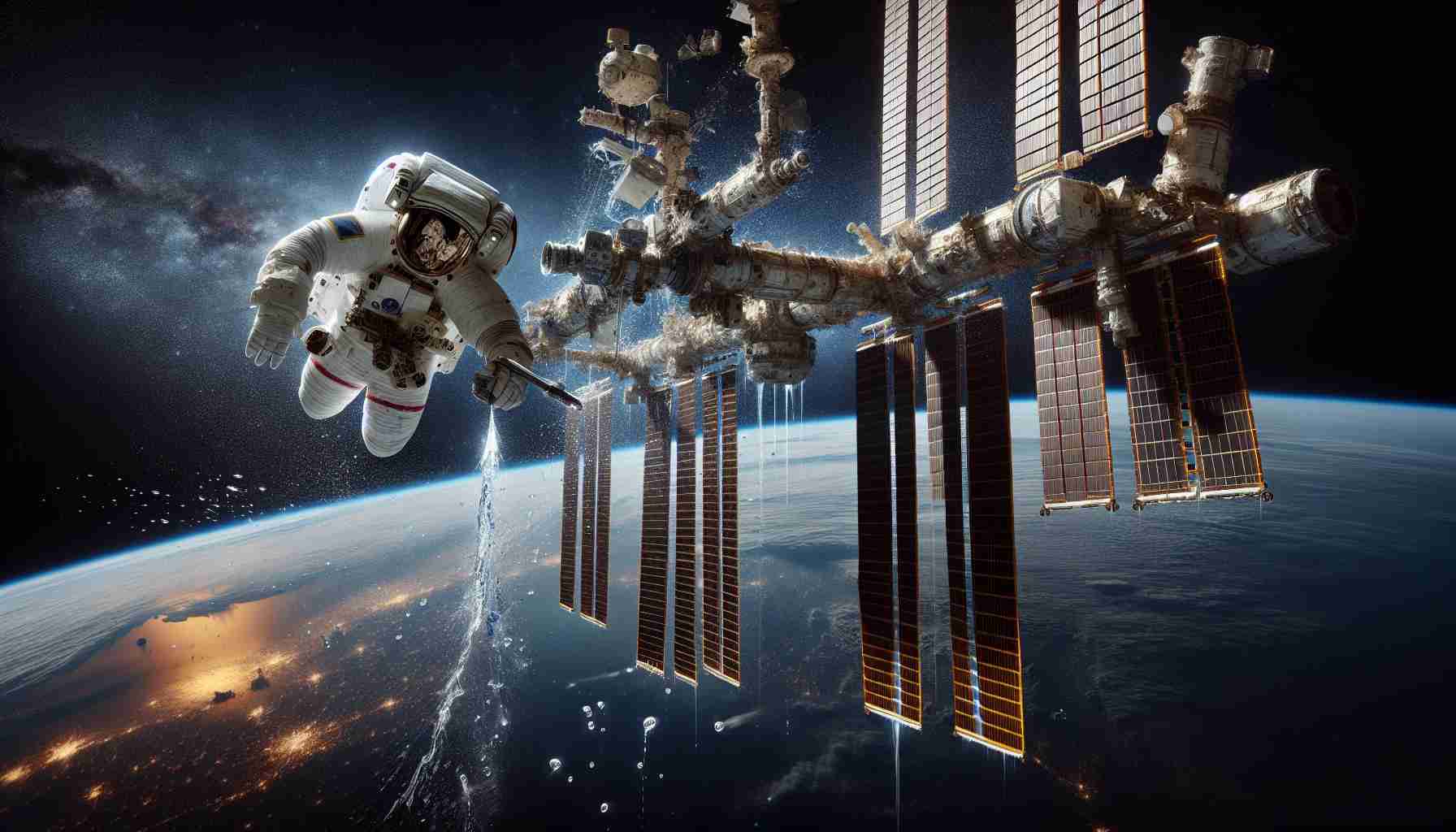 A realistic, high-definition image of the challenge of repairing the International Space Station leaks. The image should depict an astronaut in a space suit, potentially from a Eastern Asian descent, floating outside the station with an array of tools designed for in-space repairs. The details of the leaking spot on the station should be visible, with scattered droplets of water frozen in the vacuum of space. In the background, Earth's glowing atmosphere and the infinite expanse of the cosmos are beautifully captured, providing a stunning backdrop to the tense yet awe-inspiring task at hand.