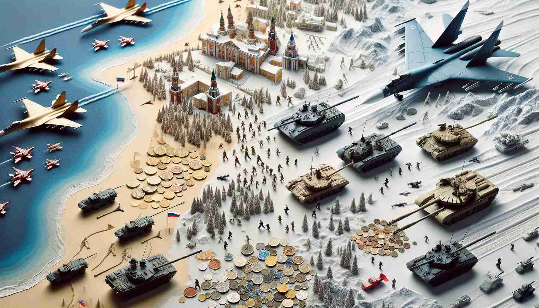 A high-definition, realism-themed portrayal of a metaphor symbolizing a shift in military strategy. The focus of the artwork is on Russia, which could be represented by various cultural icons or landmarks. Show a scale model of various military equipment, such as tanks or fighter jets, moving towards a different direction, denoting a change in strategy. Additionally, display a recurring motif of coins or currency, signifying the concept of financial commitment. Covet the prevailing weather conditions to be chilly or winter-like, evoking the famous Russian climate.