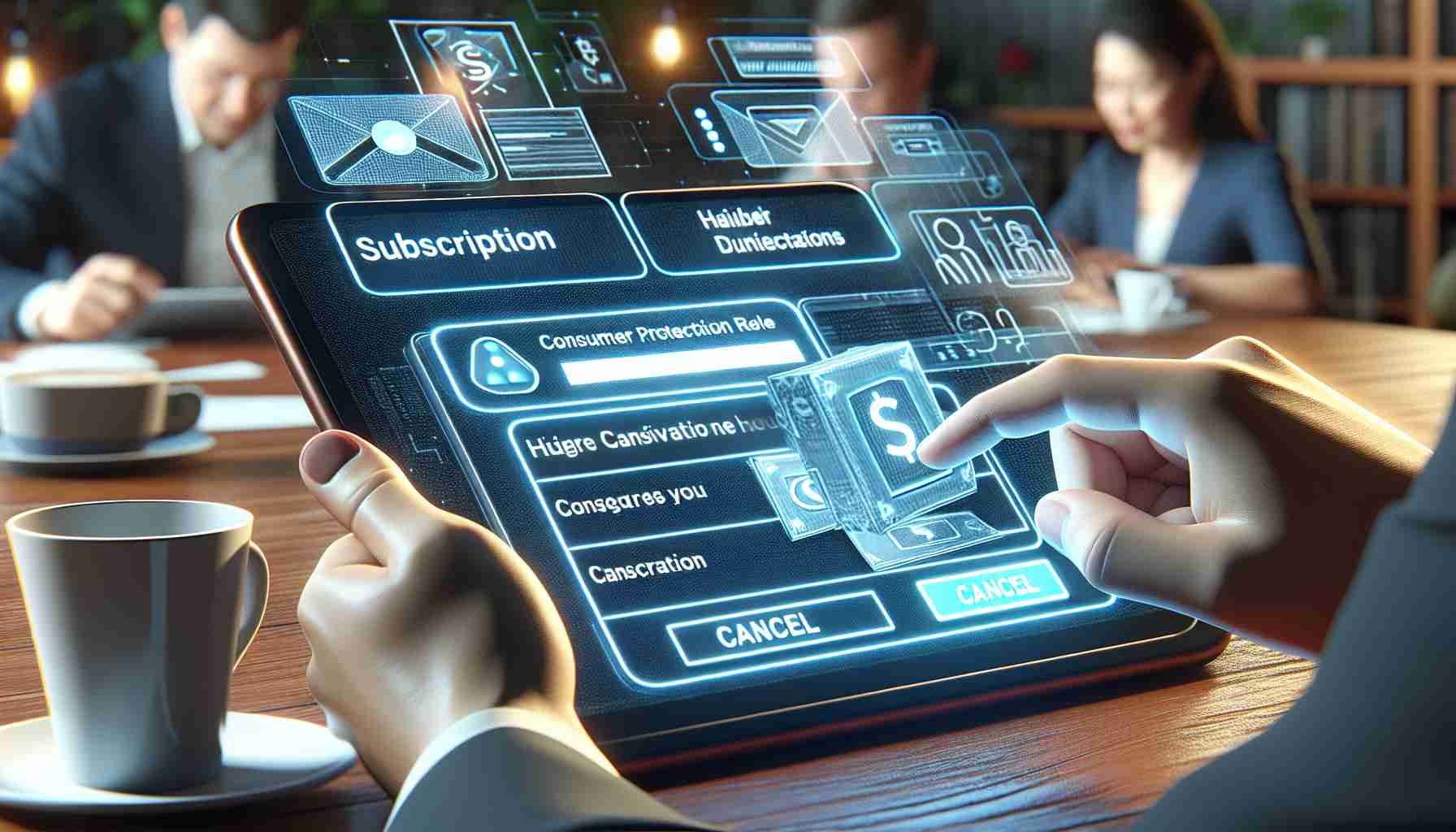 Depict a realistic HD scene that illustrates the implementation of a consumer protection rule designed to enhance the subscription cancellation process. The image could show a person interacting with a more user-friendly interface on a digital device, which clearly displays the option to cancel subscriptions.