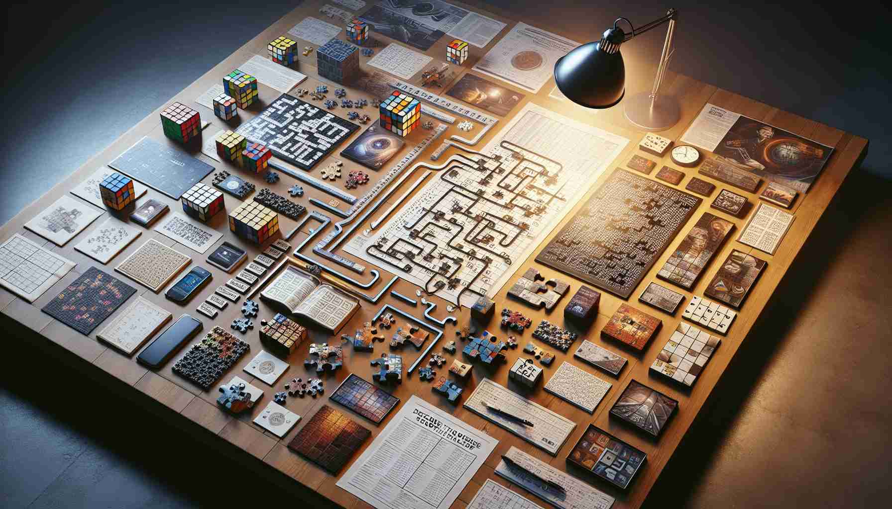 A high-definition, realistic photograph showcasing a concept titled 'Decode the Puzzle Challenge'. It features an array of puzzles of varying complexity scattered across a wooden table, alongside clues for decoding them. Some puzzles include a rubik's cube, a jigsaw puzzle, a sudoku, and a crossword puzzle. Among the chaos, there is a coherent path that links the puzzles, suggesting a sequence to solve them. A spotlight illuminates the start of the challenge, beckoning viewers to decode the puzzle journey.