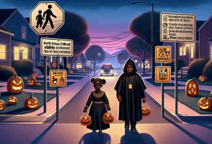 High-definition realistic illustration showing various strategies to enhance safety for children during Halloween. Showcase a pair of children, one of Black descent and one of Hispanic descent, both of various genders. They are dressed in northern European folklore-inspired non-scary costumes, walking on a well-lit, suburban street at dusk, carrying visible, reflective trick or treat bags. There should be a adult guardian of Middle-Eastern descent, also in a non-scary costume, watching over them. Include clear road signs indicating slow speed zones, laminated safety tips attached to their bags, and well-marked, illuminated houses denoting safe places.