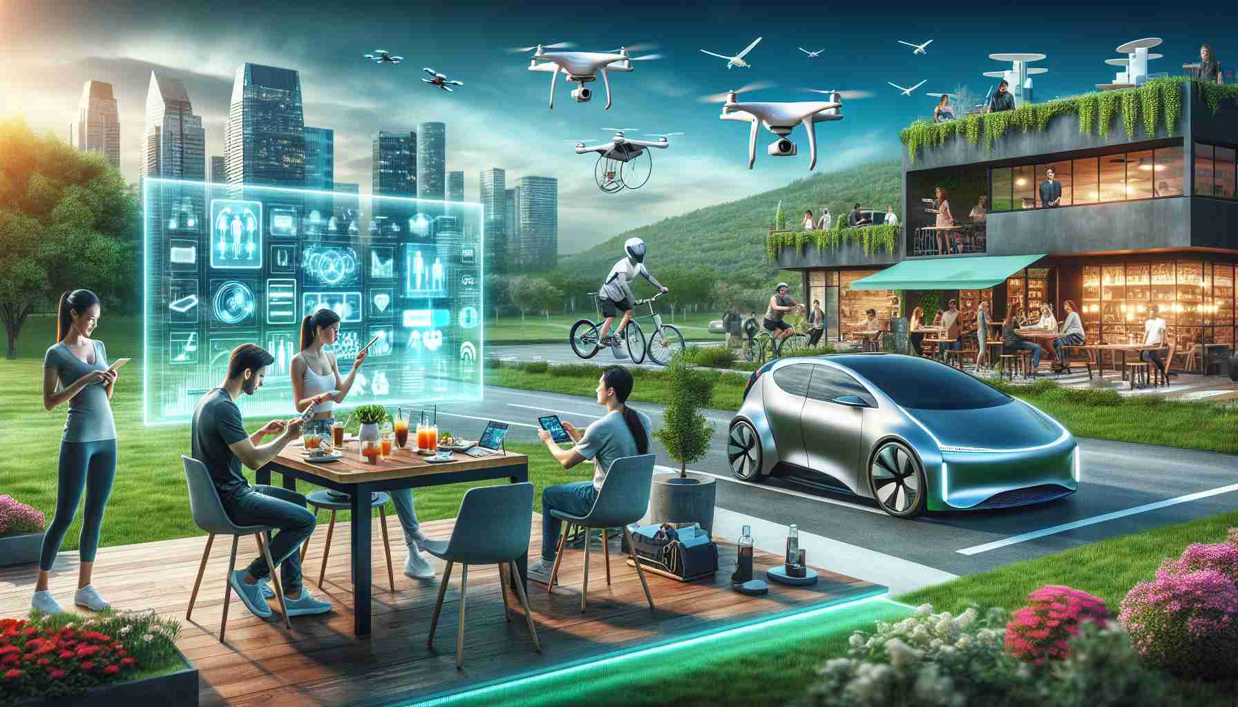 A high-definition, realistic image representing various new innovations impacting daily life. This includes a touchscreen table at a cafe, where a group of friends are interacting with the digital menu, a person testing out a new VR fitness regimen, and a self-driving electric car charging in a greened city landscape. Above them all, drones surveil the scene, delivering packages efficiently. The scene displays the vibrant interplay between technology and modern lifestyles.