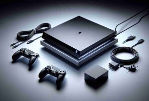 A high-definition, realistic image of a newly launched, state-of-the-art gaming console. The gadget features a sleek, futuristic design with a glossy finish. Alongside the console itself, the image includes relevant accessories such as a controller or two, cables, and a power adaptor. It's positioned in a setting typical of tech product launches - clean, minimalist, with spotlight focusing on the console. Note the overall design, color, size, and shape are different from specific copyrighted designs.