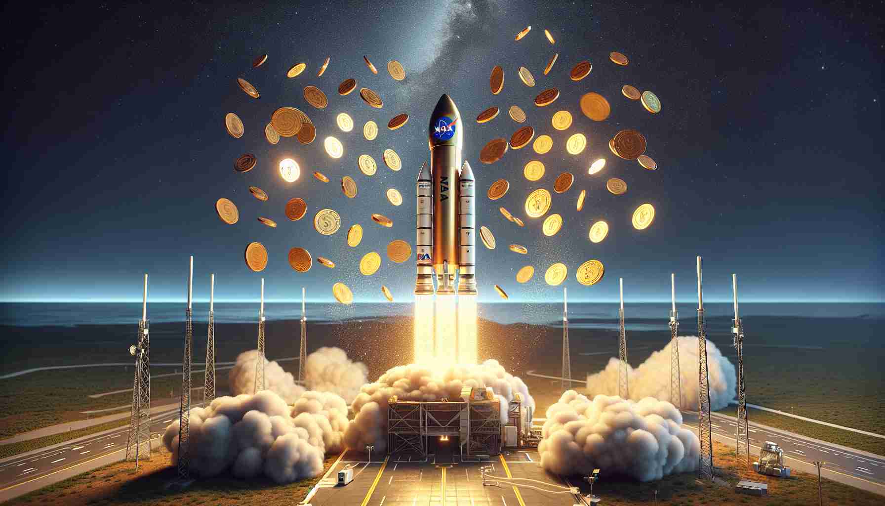 Realistic high-definition image of a conceptual representation of NASA's potential being boosted with adequate funding. Visualize this as a metaphorical image of a robust, shiny rocket ship labeled 'NASA' at the launch pad, showered with golden coins symbolizing funds. The sky is clear, symbolizing optimal conditions for exploration. The rocket is pointed towards a starry night sky, illustrating the exploration and discovery that the increased funding could facilitate.