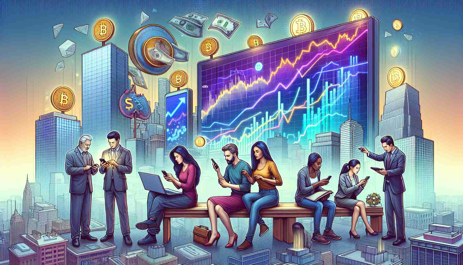 Create a highly detailed picture representing the rise of digital assets in a transforming economic environment. The scene should consist of a diverse group of people, each navigating this shift in their own ways in a cityscape. Portray a Hispanic woman using a smartphone with cryptocurrency trading app, a South Asian man analyzing a digital asset value graph on his laptop, a black woman admiring her digital art collection on a tablet, and a Caucasian man purchasing an item with a digital wallet. The backdrop should be a metropolis with electronic billboards displaying digital currency symbols and stock market figures.