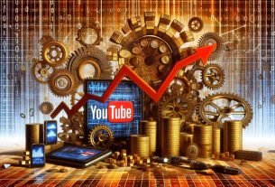 Very high resolution, hyper-realist image showing an abstract representation of 'YouTube' as a strong economic entity in the internet era. The main scene consists of physical symbols and metaphors that resonate with financial strength such as stacks of gold coins, digital graphs in an upward trend, cogwheels representing gears of economy, devices showing the YouTube logo, and fiber optic cables symbolizing the digital age. The backdrop is filled with binary codes indicative of a digital world, emphasizing the virtual nature of this platform's influence.