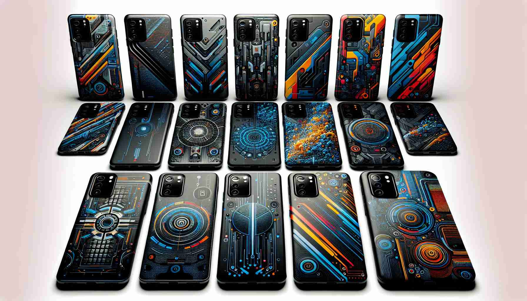 Generate a high-definition, realistic image of current, stylish phone cases targeted at tech enthusiasts. These cases should exude modern and appealing designs that are indicative of current trends in technology. They should come with features that would attract technology enthusiasts such as resistance to scratches, unique design patterns, and possibly even smart integrations like wireless charging compatibility. Highlight the diverse variety in their designs: some might be sleek and minimalist, while others could portray bold, intricate patterns or futuristic elements.