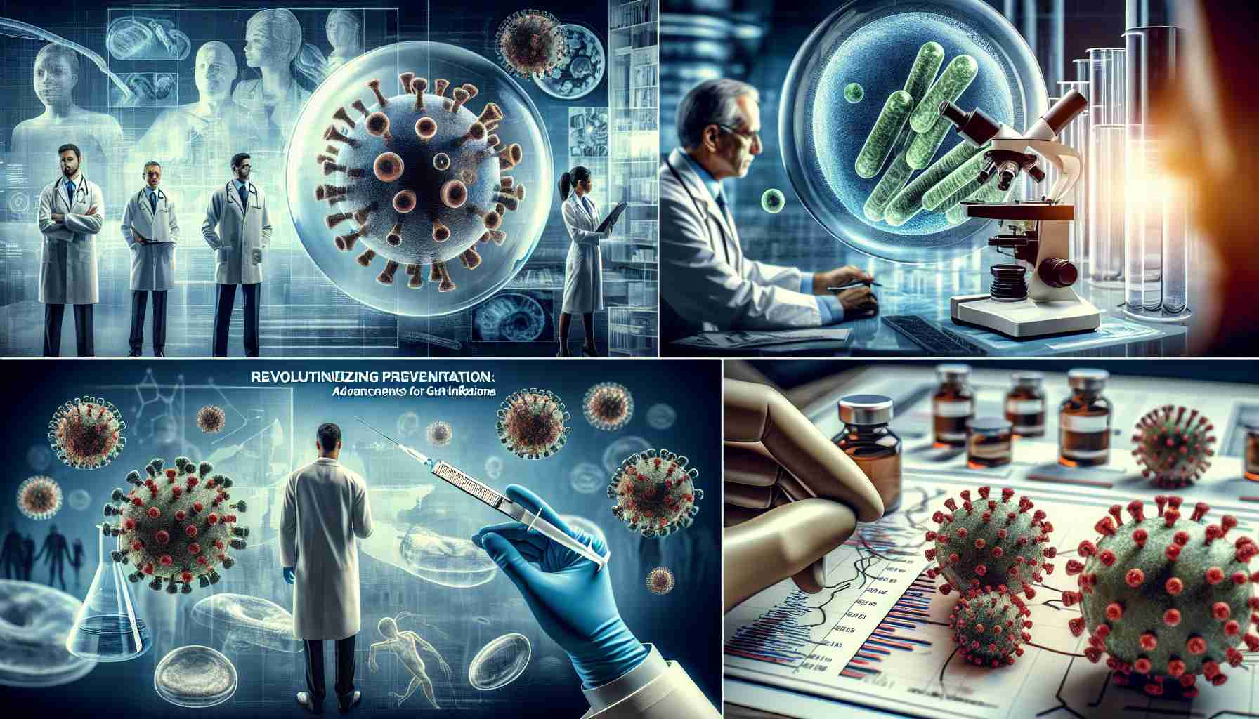 A high definition, realistic depiction of the concept 'Revolutionizing Prevention: Advancements in Vaccines for Gut Infections'. Include imagery such as a close-up view of novel vaccines, microscopic view of gut bacteria, and diagrams or charts detailing advancements in the field. The image should convey a sense of progression and innovation in the medical field. Set the scene with a profession-rich backdrop – a state-of-the-art laboratory, perhaps with male and female scientists of diverse descents working diligently.