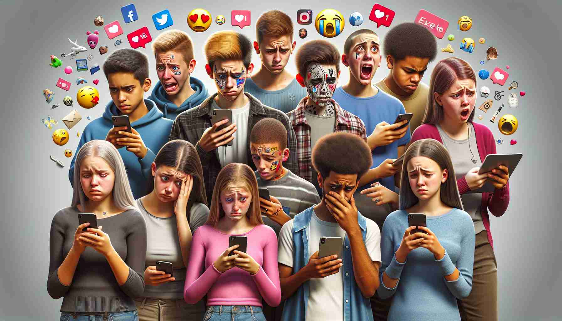 An HD image that realistically depicts the impact of social media on the everyday lives of teenagers. It may include a diverse group of teenagers from different descents like Caucasian, Hispanic, Black, Middle-Eastern, and South Asian. Some of them could be engrossed in their smartphones, scrolling through social media platforms, while others could exhibit different emotional responses like happiness, sadness, frustration, and surprise. Also, consider showing physical impacts, such as bad posture and strained eyes. Important to incorporate various elements that represent modern digital culture like emojis, hashtags, and the heart icon for 'likes'.