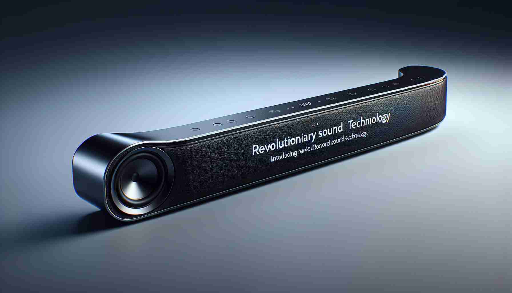 Generate a realistic, high-definition image of an advanced soundbar, introducing revolutionary sound technology. The soundbar takes on a sleek, modern design, similar to a well-known modern technology company's sound system products. It's a curved bar with silver and black accents. On the display, it should be flashing 'Revolutionary Sound Technology'.