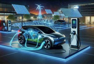 Render a high-definition, true-to-life illustration of revolutionary Vehicle-to-Grid (V2G) technology making headway in the electric vehicle (EV) market. The scene should showcase a modern EV plugged into an advanced charging port, which is connected to a smart grid. Energy flow should be depicted in both directions, from the grid to the car and vice versa. The backdrop should hint at a thriving automotive market with various related peripherals, like charging stations and solar panels, suggesting the positive impact of EV technology on the environment and highlighting its growing acceptance.