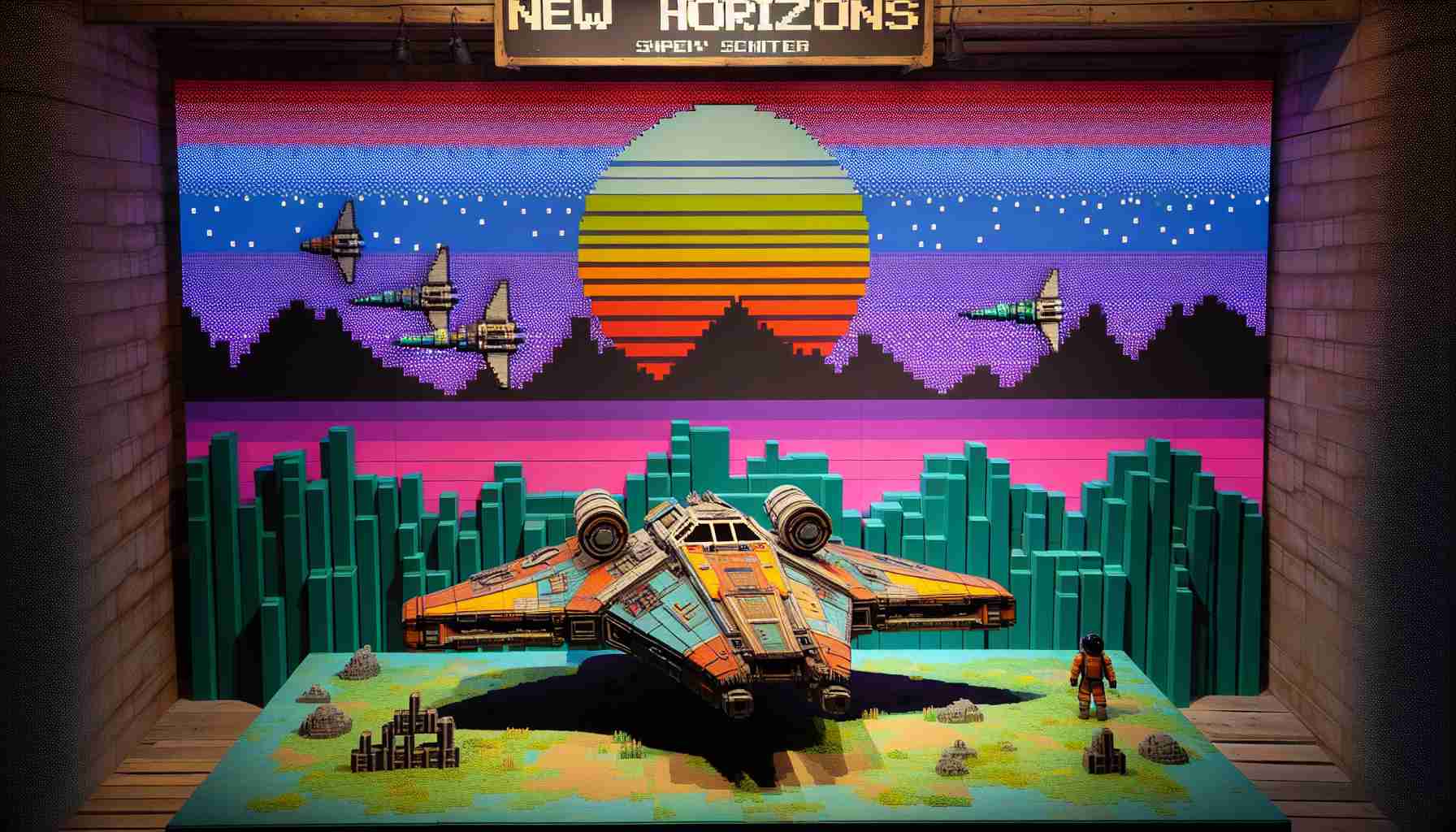 An interpretation of the fictional spacecraft conceptualized as 'New Horizons' integrated into a scene from a vintage adventure-themed video game. The spacecraft is designed with a futuristic yet rustic look, colorfully adorned with immaculate details. The backdrop represents a pixelated landscape marked by vibrant, neon hues, with an 8-bit aesthetic reminiscent of the classic video game era. The scene is crafted to evoke a sense of adventure and exploration, worlds colliding in an amalgamation of science fiction and retro gaming.