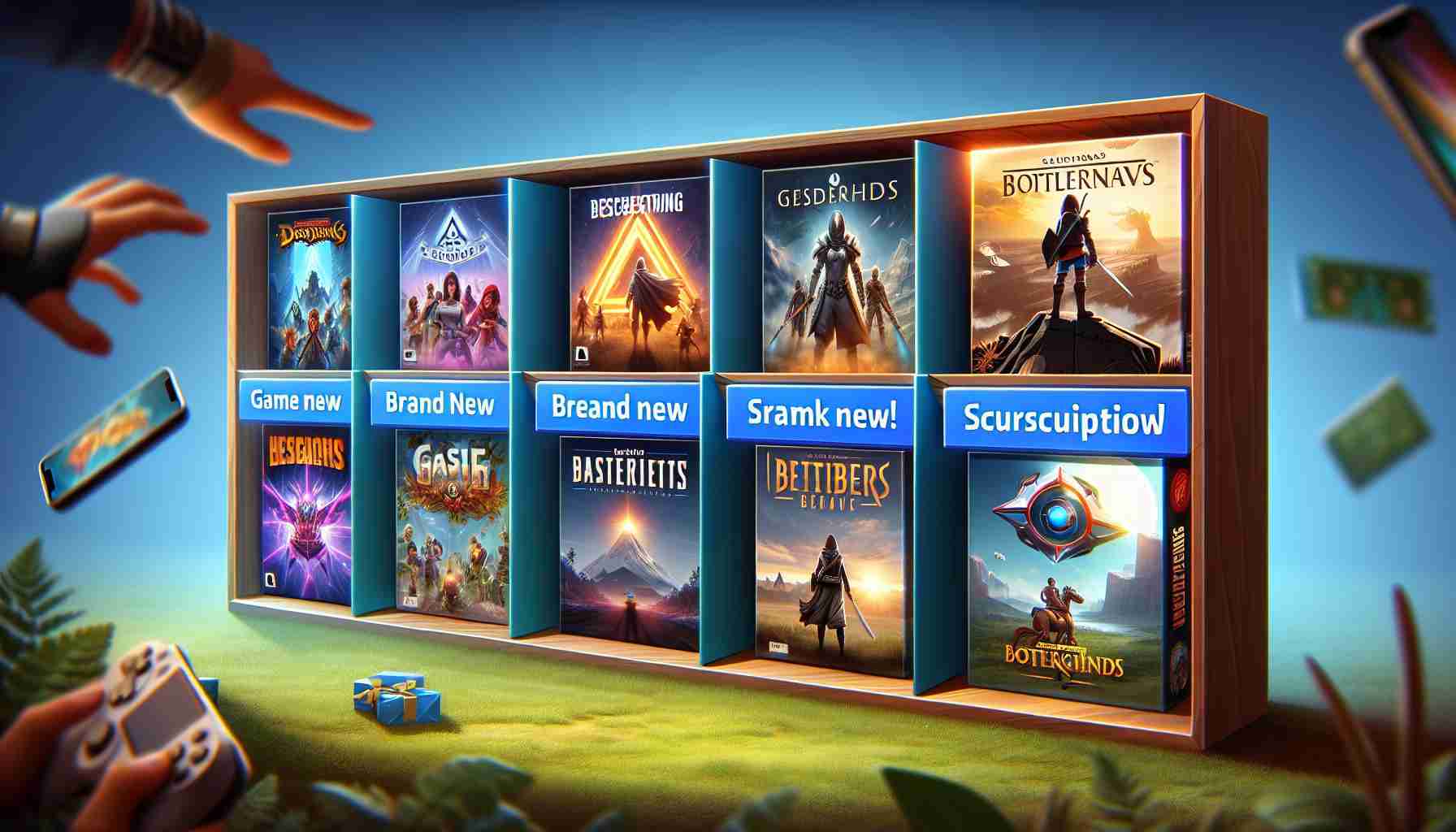 A high-definition, realistic snapshot showing several brand new, exciting games that are soon to be released on a popular subscription-based mobile gaming platform. The image should include game boxes offering a sneak peek of the gameplay. Each box should display the game title and a captivating screenshot hinting at the game's theme. Please include a variety of game genres, like puzzles, action adventures, strategy games, and role-playing games, arranged harmoniously on a digital store shelf.