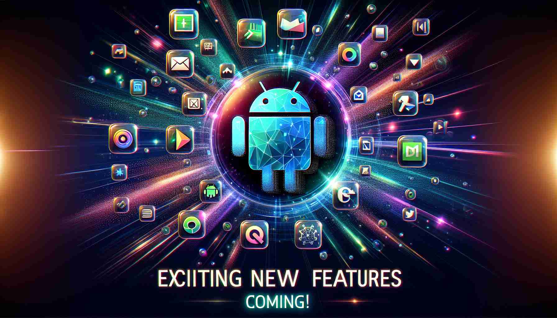 Generate an image representing a glossy digital poster that teases the upcoming features of the latest Android 16 update. Include realistic HD symbols for common apps such as a browser, maps, and other utilities surrounded by digital particles to indicate innovations. Be sure to capture the sense of excitement and anticipation with vibrant colors and dynamic designs. Also include text saying 'Exciting New Features Coming!' in bold, eye-catching font. Note: this is a fictitious update, do not use any real logos or copyrighted properties.