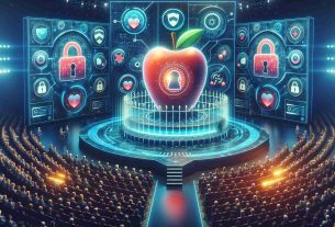 A detailed, high-definition image of the announcement of a revolutionary security initiative by a leading technology company known for their fruit-based logo. The scene includes the vibrant and exciting atmosphere of the unveiling event, with digital displays flashing key security features. The central illustration is the representation of the secure ecosystem represented as an impregnable fortress with advanced lock systems, hinting towards the dedication towards user privacy.