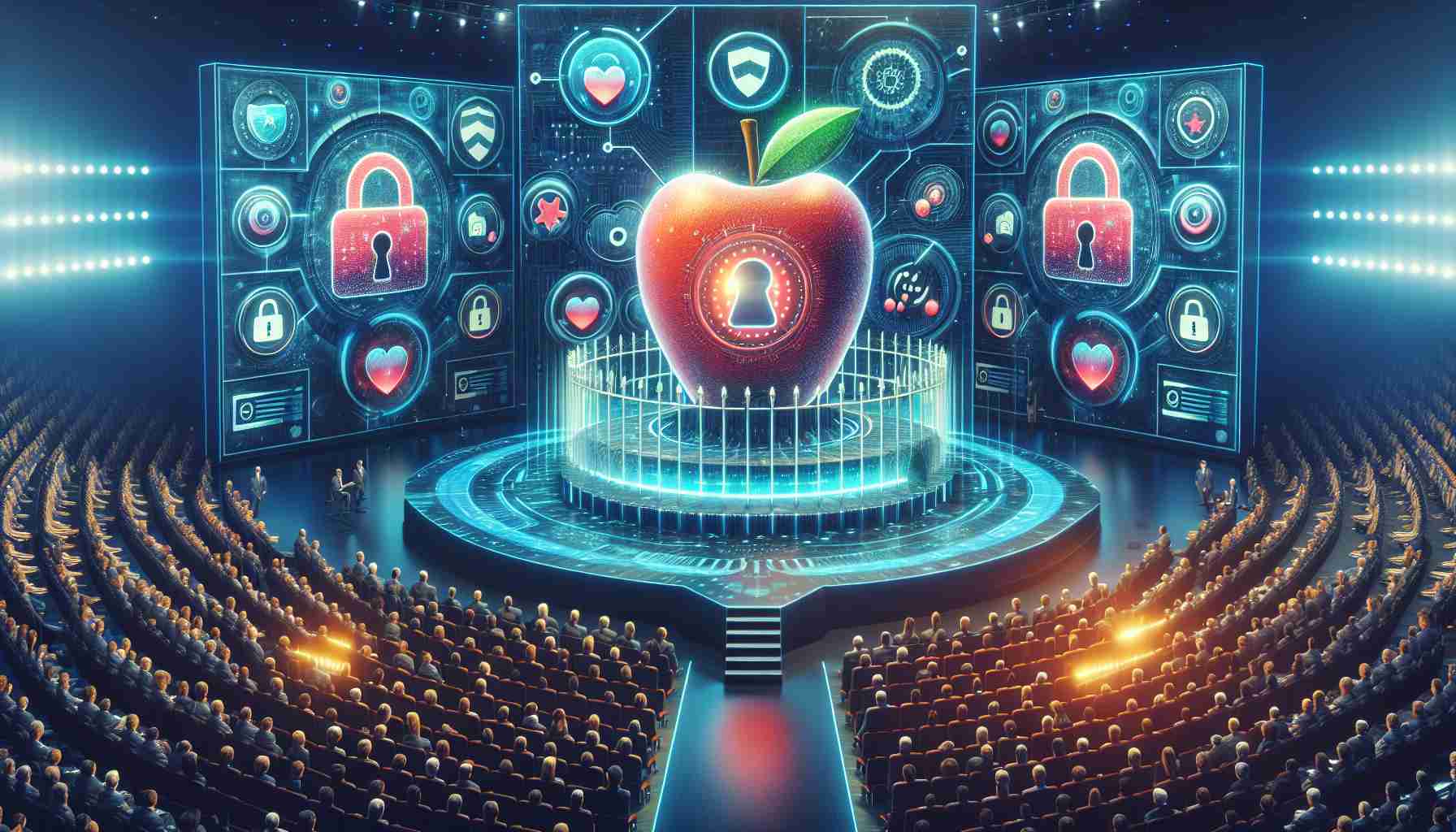 A detailed, high-definition image of the announcement of a revolutionary security initiative by a leading technology company known for their fruit-based logo. The scene includes the vibrant and exciting atmosphere of the unveiling event, with digital displays flashing key security features. The central illustration is the representation of the secure ecosystem represented as an impregnable fortress with advanced lock systems, hinting towards the dedication towards user privacy.