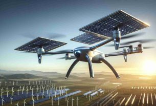 Create a highly detailed, realistic HD image showcasing the future of clean energy. The focal point is a modern drone flying high in the clear sky, its body equipped with advanced solar panels to harness energy from the sun. The drone should highlight cutting-edge technology with streamlined design for maximum aerodynamics. The background could hint towards a sustainable future, possibly showing a landscape dotted with renewable energy sources like wind turbines and other solar installations. The lighting should suggest it is midday, with the sun at its peak, perfectly illuminating the solar-powered drone.