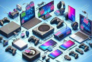 Generate a high-definition realistic image representing the concept of best deals on technology and gadgets. Include a variety of desirable items such as smartphones, laptops, headphones, and gaming consoles, all shown with tags displaying significant discounts.