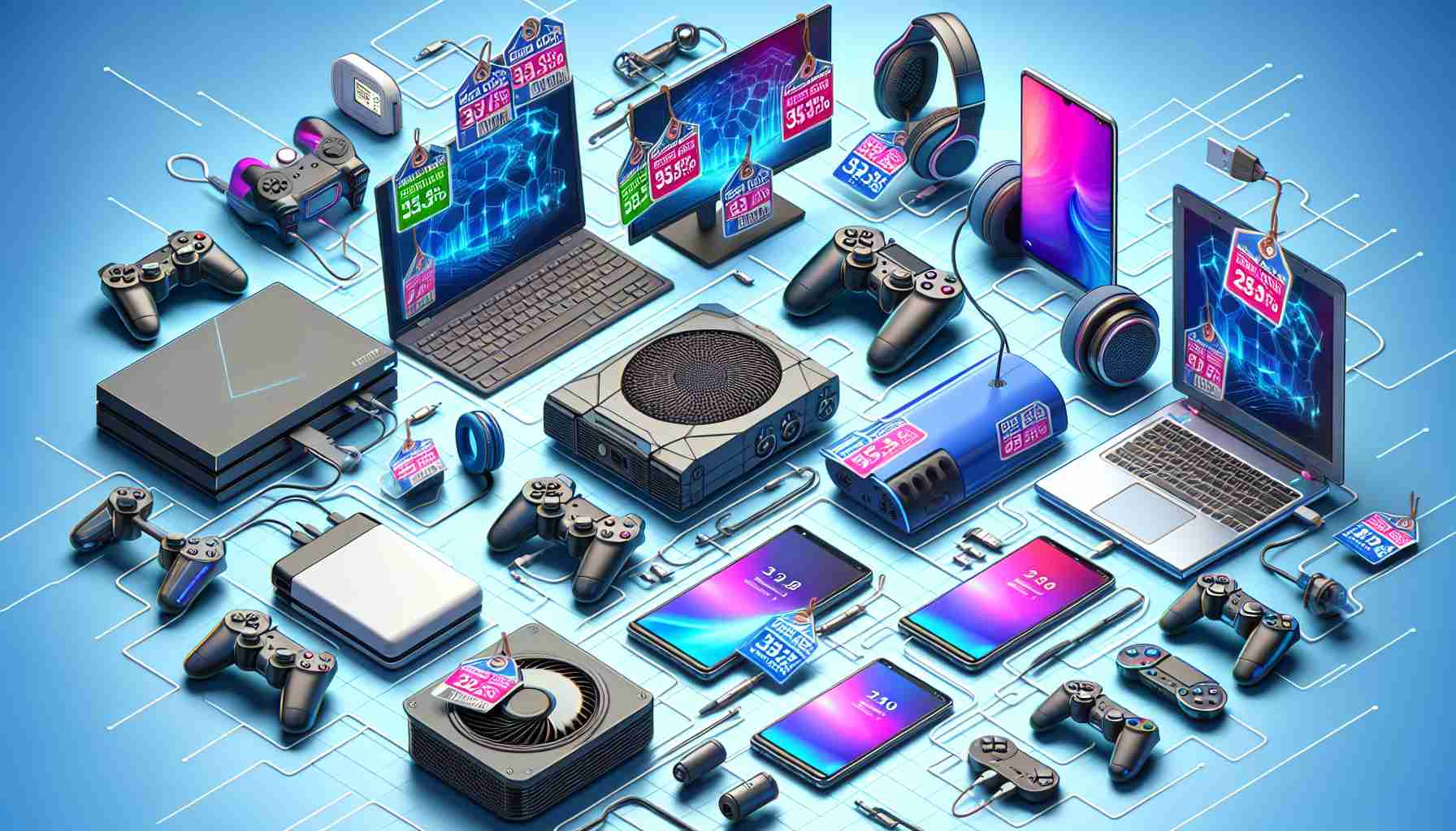 Generate a high-definition realistic image representing the concept of best deals on technology and gadgets. Include a variety of desirable items such as smartphones, laptops, headphones, and gaming consoles, all shown with tags displaying significant discounts.