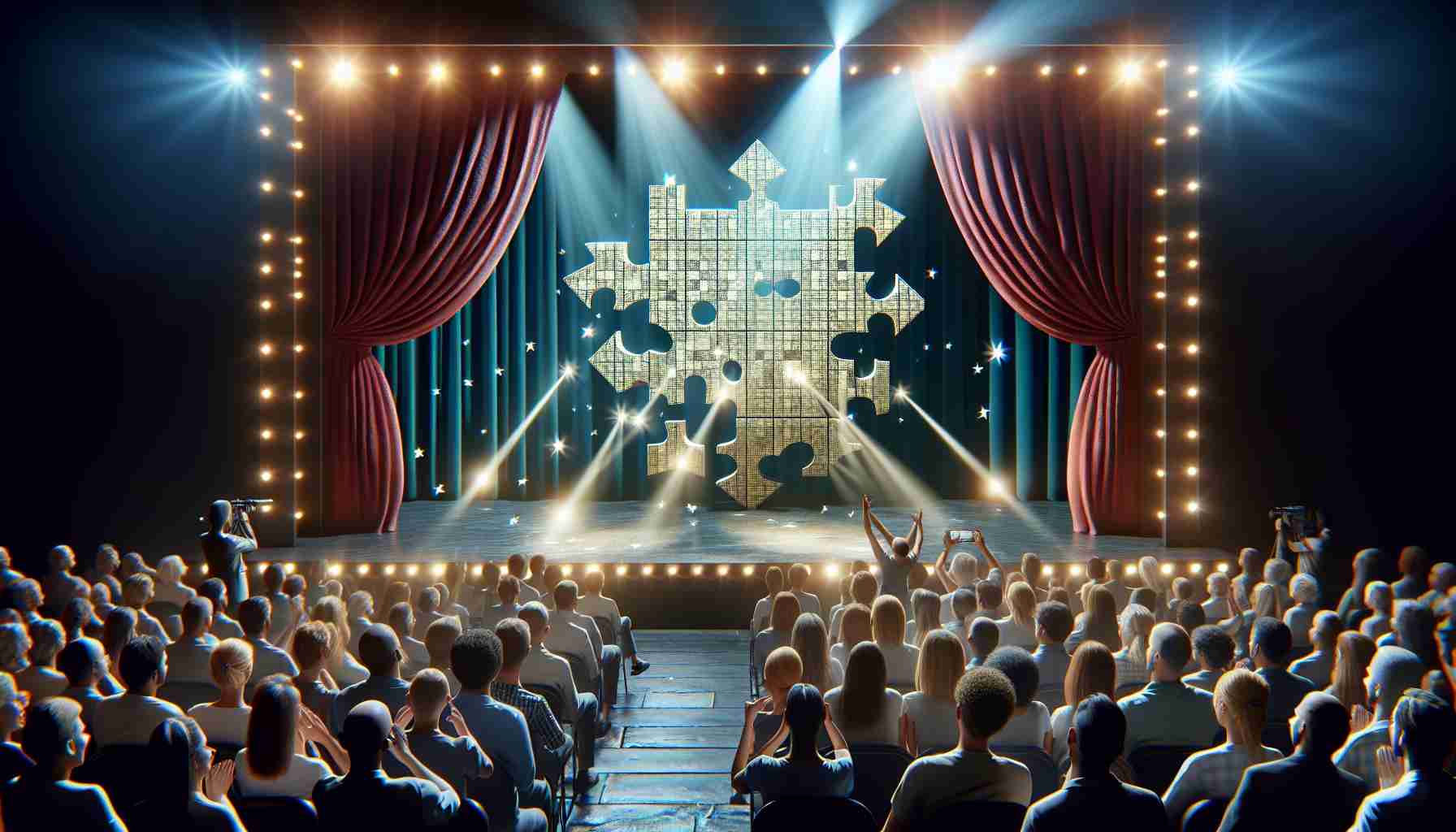 Realistic high-definition image capturing an exciting moment of discovery. Focus on the unveiling of a new phenomenon in the world of word puzzles. Display this through prominent elements such as a brightly lit stage, enthusiastic audience members, a puzzle presented in the spotlight, and the expressions of awe and wonder on the faces of people witnessing this unique unveiling.