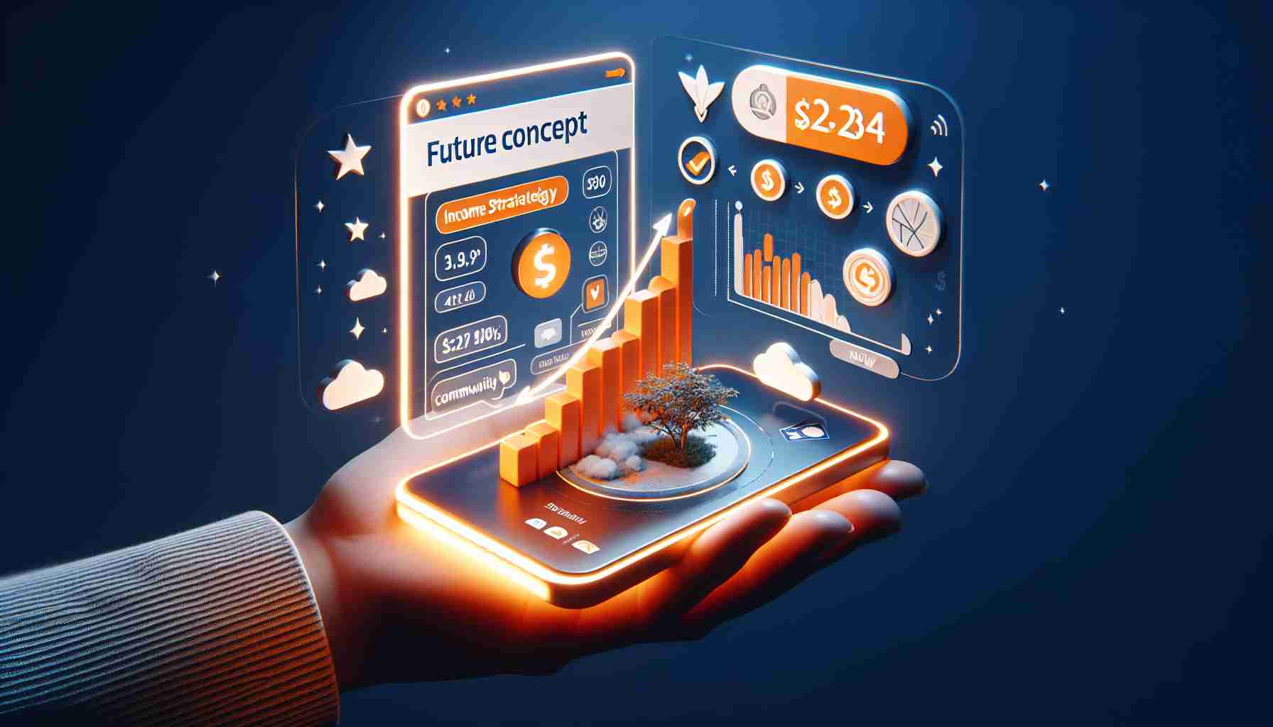 Illustrate a future concept: a high-definition, photorealistic image of an online platform, symbolized by an orange and white icon, that has successfully transformed its income strategy in the fourth quarter of 2024. Demonstrate this with visualizations of increasing financial graphs, new digital tools, and a positive community reaction.