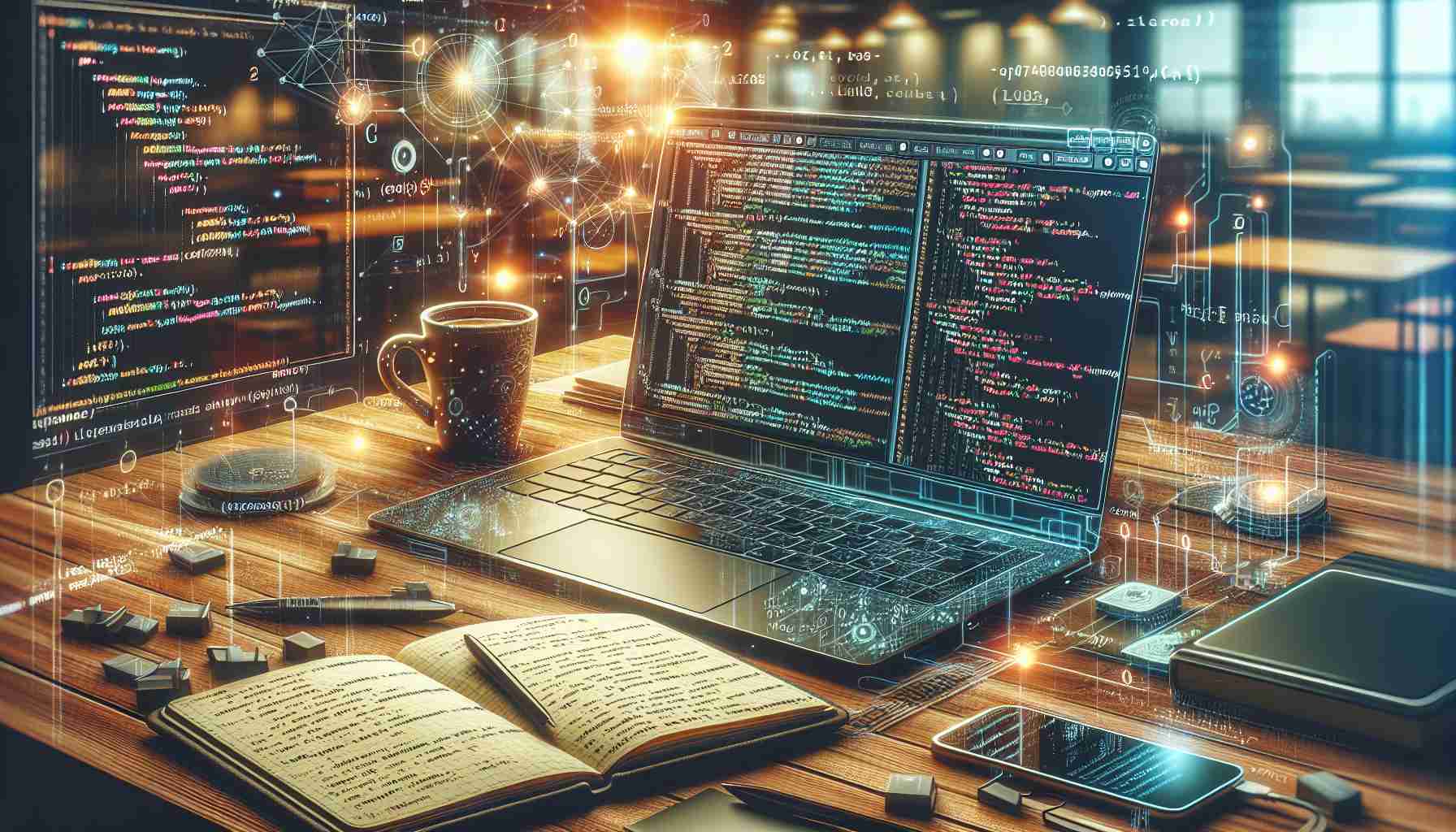 A highly detailed and realistic image showcasing a new approach to terminal app development. The image features an open laptop displaying a terminal screen. The screen is filled with innovative coding structures and techniques, symbolizing advanced programming protocols. On one side of the desk, there's a notebook filled with handwritten notes and ideas, and on the other side, a cup of hot coffee. The background of the image hints at a well-lit, warm and comfortable workspace demonstrating a conducive environment for app development. The image encapsulates the concept of a fresh and efficient method towards terminal app development.