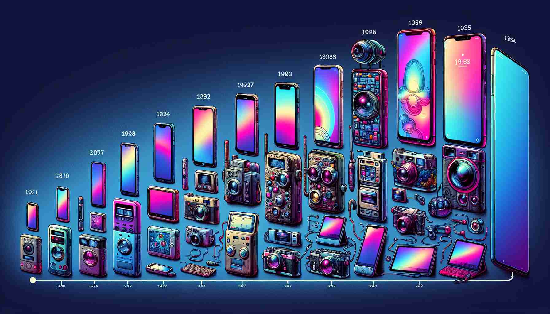 Create a high-definition, realistic illustration displaying the evolution of smartphones. Portray a linear timeline showcasing different stages, starting from the large, bulky, simple designs of early models, to the compact and multifunctional devices of today that have become our digital assistants. Amid this timeline, demonstrate the unleashing of limitless potentials by including cutting-edge features such as AI assistants, advanced cameras, high-speed internet capabilities, immense storage capabilities, and edge-to-edge screen displays. Use vivid colors to differentiate each phase.