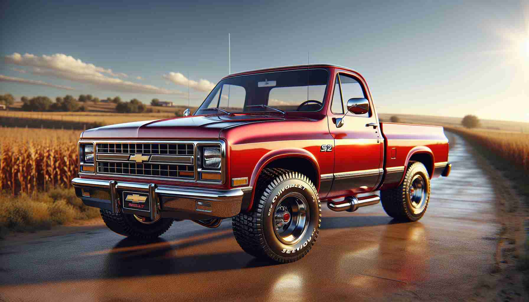 Realistic high-definition image of the Chevrolet S-10 Pickup, showcasing the truck's classic appeal. The background should be an open countryside road under a clear blue sky. The Chevrolet S-10 should be red in color, and its chrome finish should reflect the sunlight dazzlingly. The tires should be detailed to show their rough texture, and the glass windows should reflect the environment around them. The pickup's design and attention to detail display its vintage charm and durable construction. Let the image fully capture the American essence of the Chevrolet S-10 pickup.