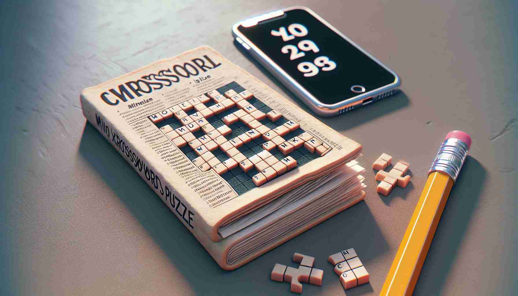 Render a high-definition, realistic image capturing the essence of a mini crossword puzzle issue. The image should communicate the joys of mind-bending word puzzles that one can enjoy anywhere. Include elements such as a small, pocket-sized crossword book, a pencil, and a relaxed setting suggesting the possibility of pursuing this activity in various locations.