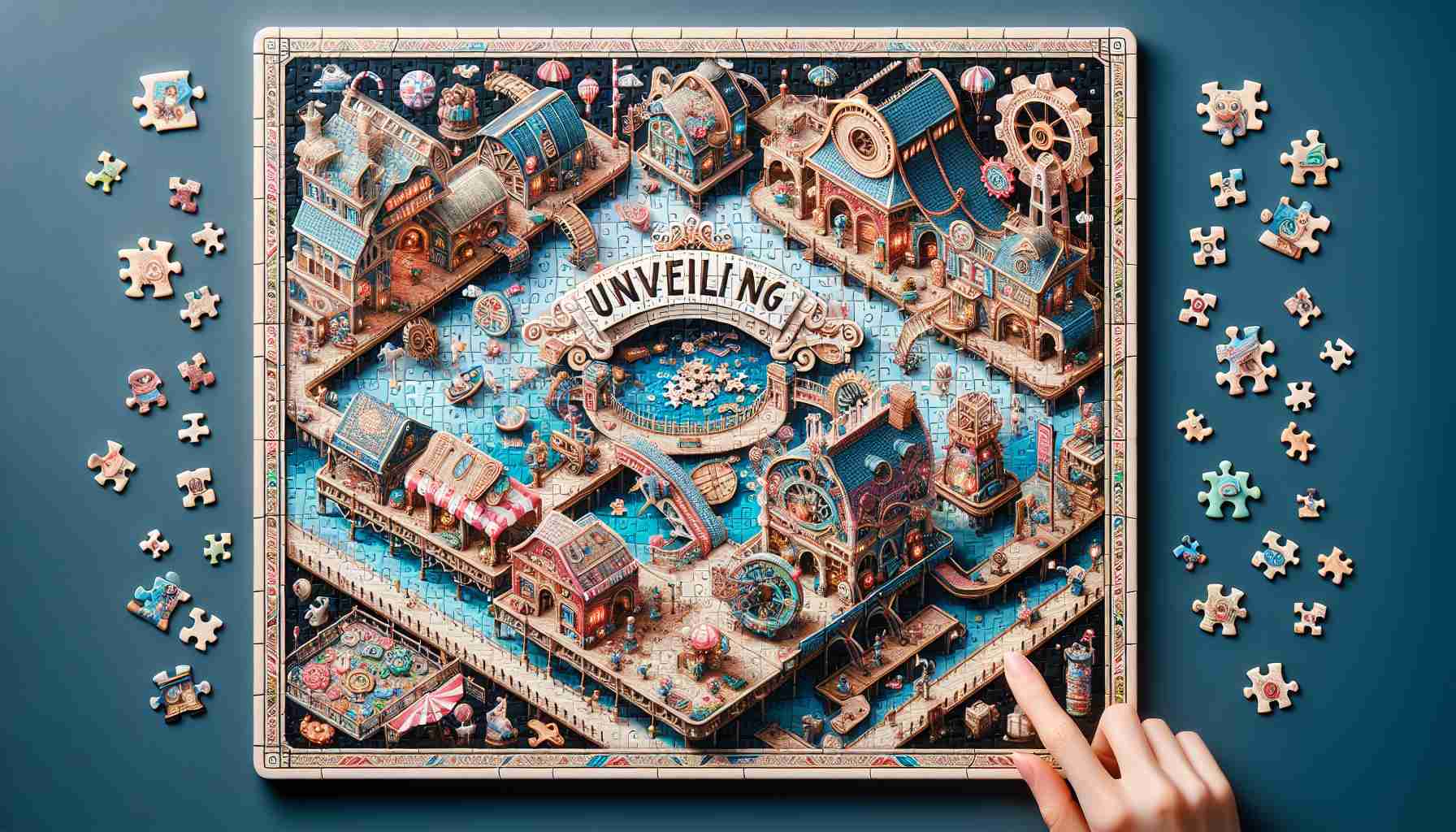 A high-definition image that depicts the scene of a mini puzzle adventure game named 'Unveiling Fun'. This game scene includes intricate, fun-filled pieces arranged in a manner that creates an inviting and exciting atmosphere for the players. The pieces can be of different shapes, colors, and sizes, and they relate to various themes, making the game more engaging and interesting. The overall visual ambiance of the image should reflect the joy and enthusiasm that this game brings to its players.