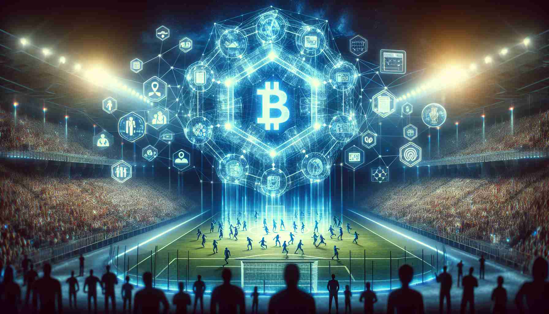 An image representation illustrating the concept of 'Revolutionizing Sports Engagement Through Blockchain Technology'. In this detailed depiction, visualize a large digital screen displaying a decentralised, immutable ledger typical of Blockchain comprising multiple data blocks interconnected, placed on a background of a packed sports stadium resonating with energy. Also, to symbolize the digital transformation, add the silhouettes of a diverse group of people engaging with futuristic transparent screens showing various sports-related data synced with the blockchain. For a final touch, include symbols or small infographics representing privacy, security, and transparency around the main scene.