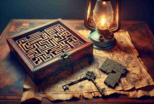 Generate a high-definition, realistic image of a new puzzle adventure awaiting. The scene should depict an intricate, hands-on puzzle - maybe a 3D labyrinth or an elaborate wooden lock box - set against a backdrop of mysterious and uncharted lands. Show the puzzle on an antique wooden table, with a parchment map unfurled beside it. Include an oil lamp casting warm, inviting light, adding an aura of intrigue and excitement to the scene. Add a hint of expected challenges ahead, using elements like traps, mysterious signs, or cryptic symbols.