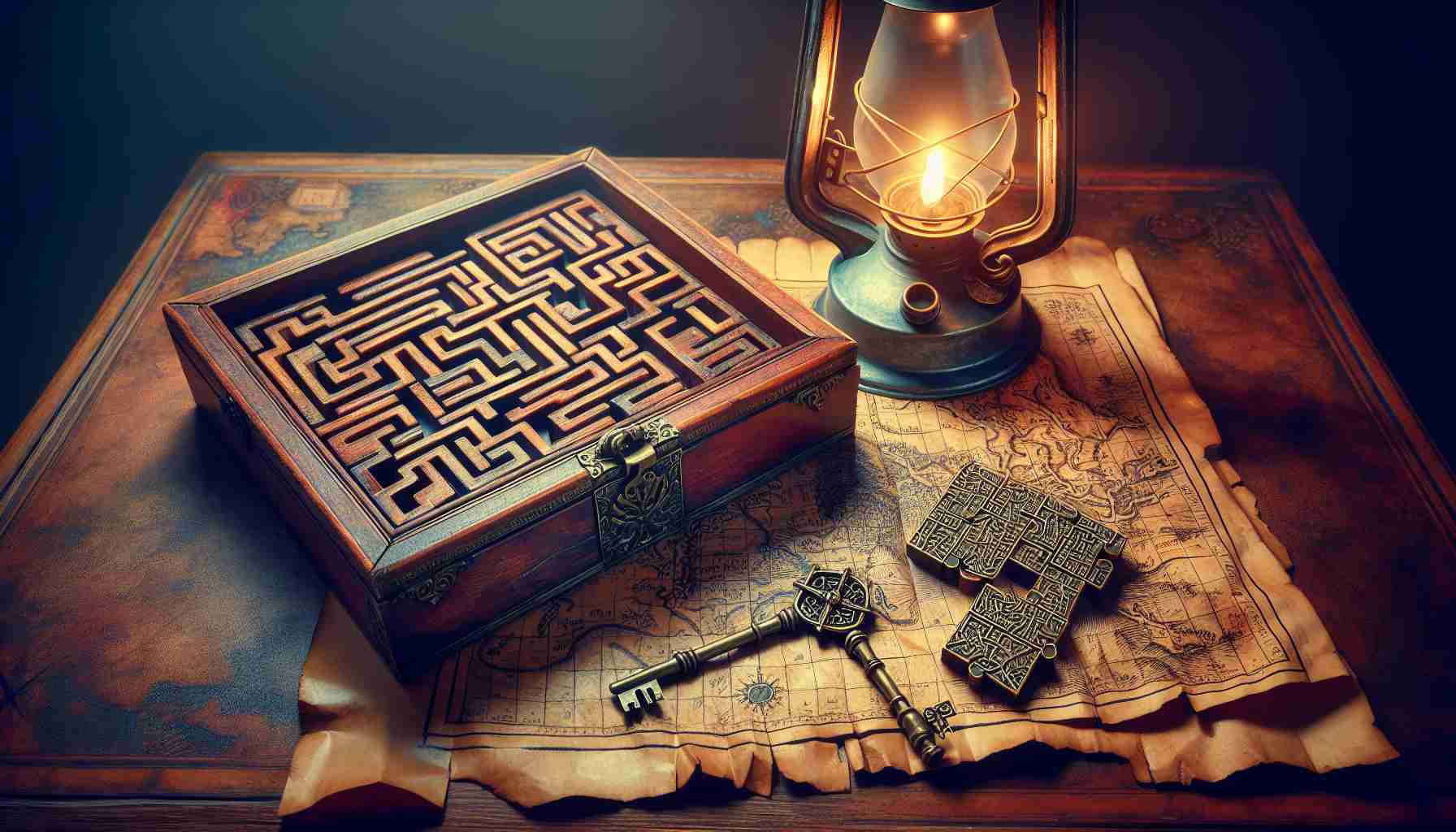 Generate a high-definition, realistic image of a new puzzle adventure awaiting. The scene should depict an intricate, hands-on puzzle - maybe a 3D labyrinth or an elaborate wooden lock box - set against a backdrop of mysterious and uncharted lands. Show the puzzle on an antique wooden table, with a parchment map unfurled beside it. Include an oil lamp casting warm, inviting light, adding an aura of intrigue and excitement to the scene. Add a hint of expected challenges ahead, using elements like traps, mysterious signs, or cryptic symbols.